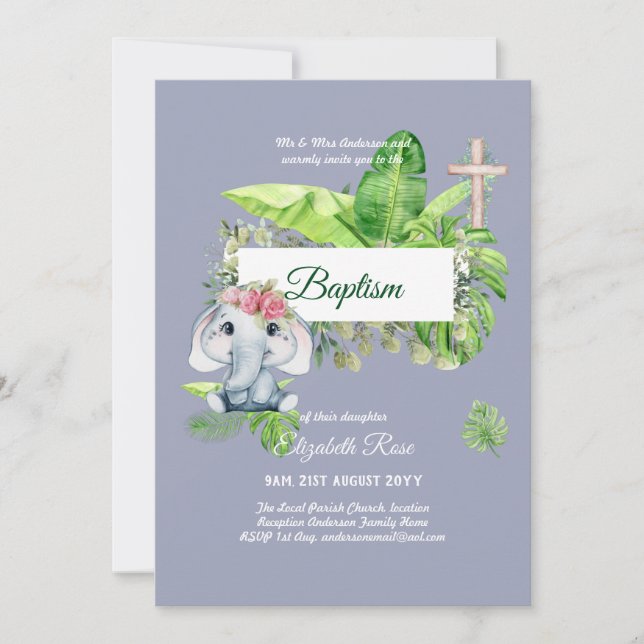 Baby Elephant BAPTISM Bautizo Bautismo Einladungen (Vorderseite)