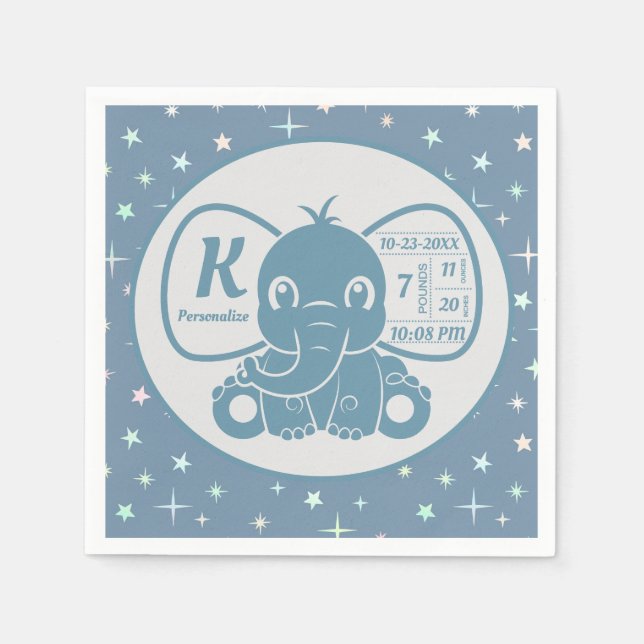 Baby Elephant Birth Announcement Blue Boy Serviette (Vorderseite)