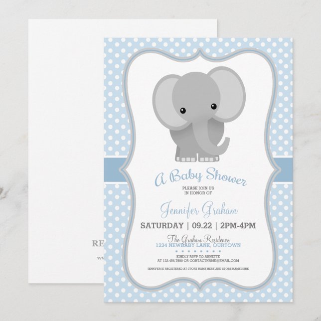 Baby Elephant (blau) Babydusche Einladung (Vorne/Hinten)