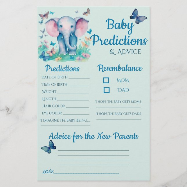 Baby Elephant Blue Baby Predictions Carte conseil (Devant)