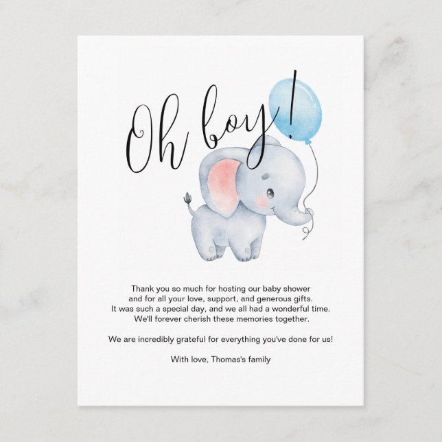 Baby Elephant & Blue Balloon Baby Dusche Begleitkarte (Vorderseite)