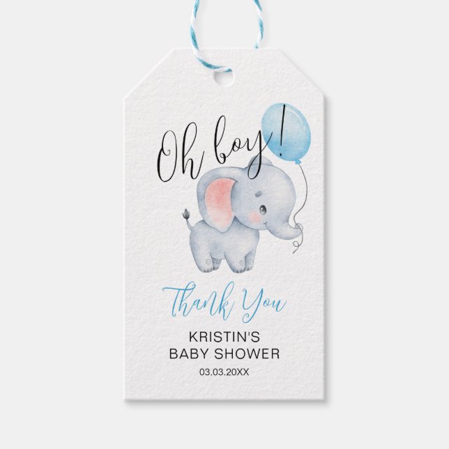 Baby Elephant & Blue Balloon Baby Dusche Geschenkanhänger (Vorderseite)