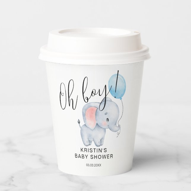 Baby Elephant & Blue Balloon Baby Dusche Pappbecher (Vorderseite)