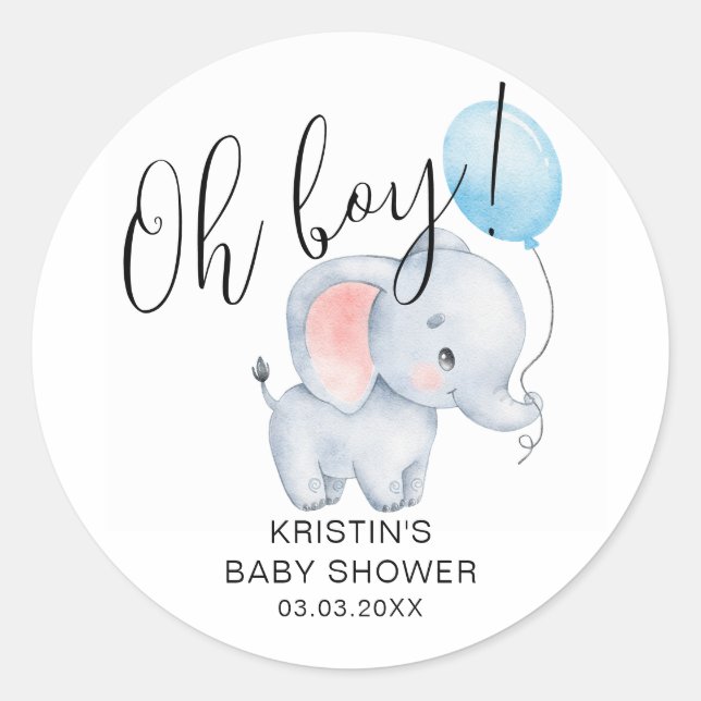 Baby Elephant & Blue Balloon Baby Dusche Runder Aufkleber (Vorderseite)