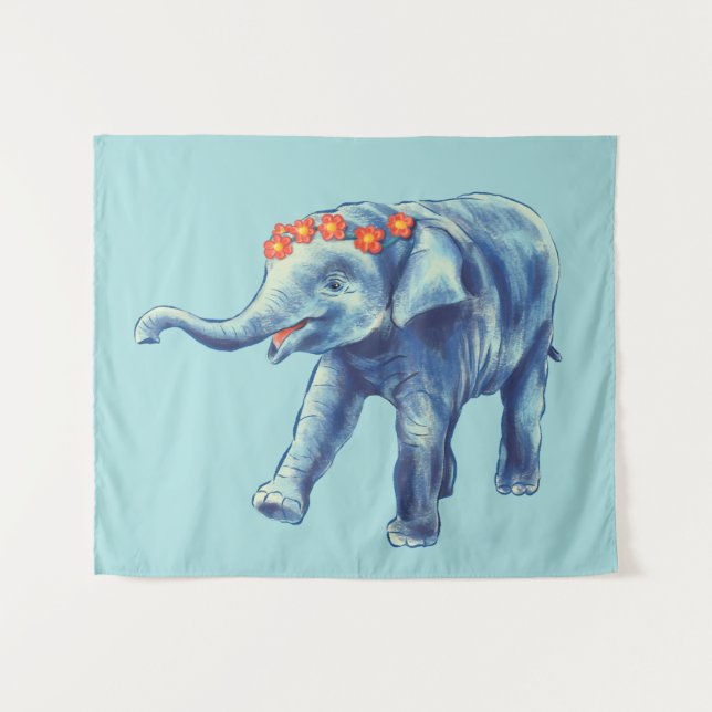 Baby Elephant Blue Niedlich Girly Kids Wandteppich (Vorderseite (Horizontal))