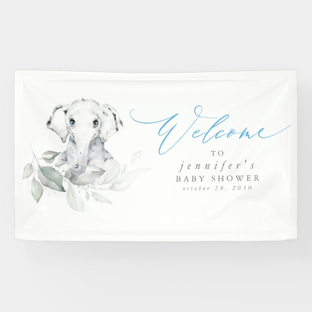 Baby Elephant Blue Sage Baby Dusche Begrüßungsbann Banner (Horizontal)