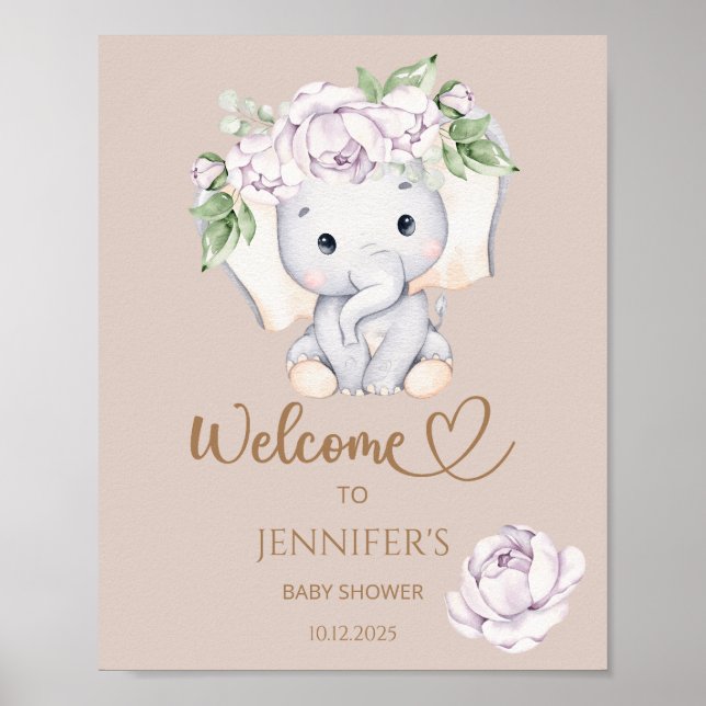 Baby Elephant & Blume Baby Dusche Willkommen Poster (Vorne)