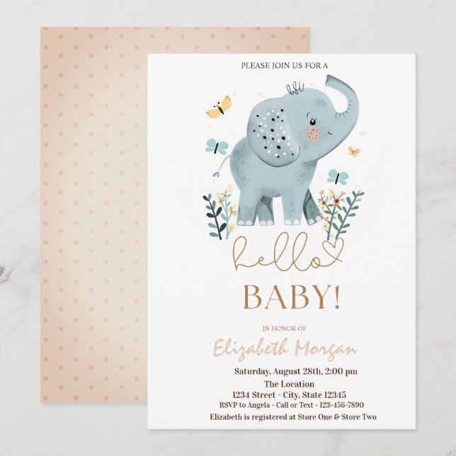 Baby Elephant Blume Butterfly Dots Babydusche Einladung (Vorne/Hinten)