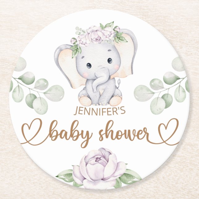Baby Elephant & Blume Wasserfarbe Kinderdusche Runder Pappuntersetzer (Vorderseite)