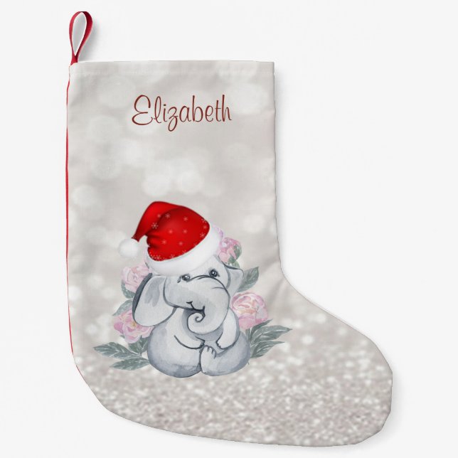 Baby Elephant Blume, Weihnachtsmannmütze, Glittery Kleiner Weihnachtsstrumpf (Vorderseite)