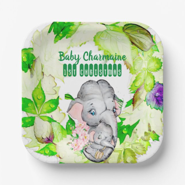 Baby Elephant Botanical Green 1. Weihnachtszeit Pappteller (Vorderseite)