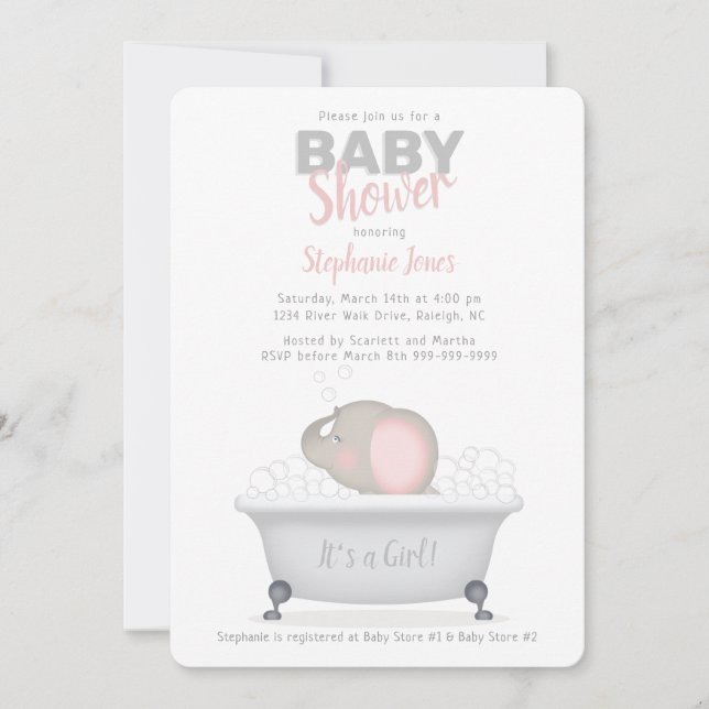 Baby Elephant Bubble Bath Girl Babydusche Einladung (Vorderseite)