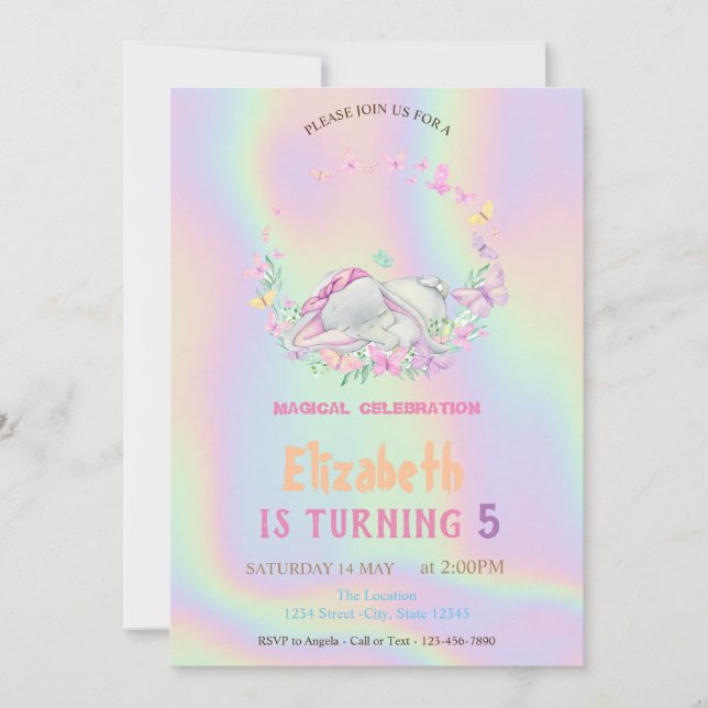 Baby Elephant Butterflies Holographic Birthday Einladung (Vorderseite)