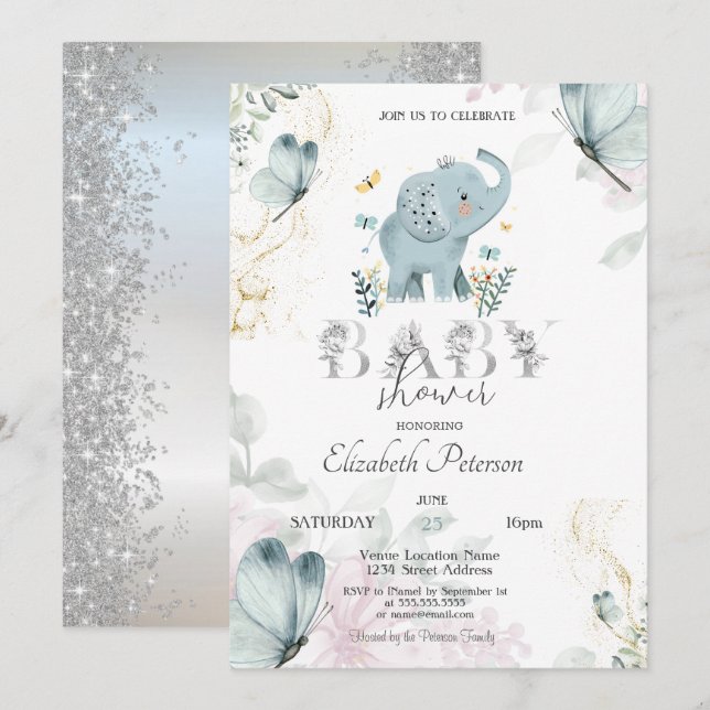 Baby Elephant Butterfly Glitzer Silver Baby Dusche Einladung (Vorne/Hinten)