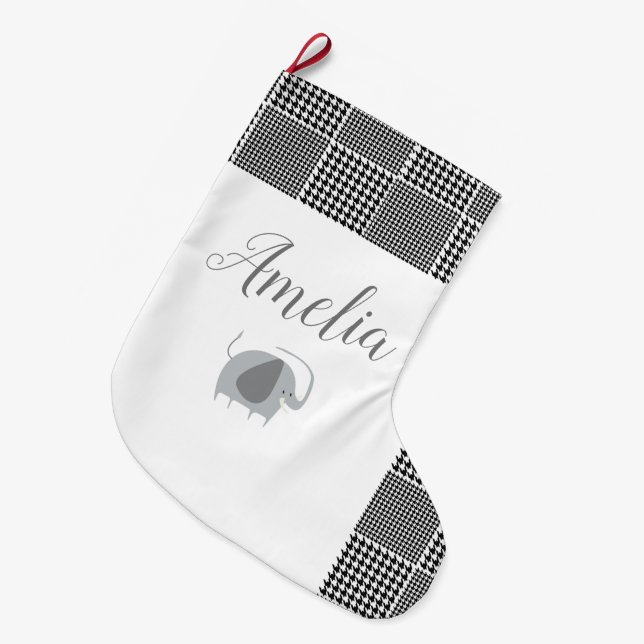 Baby Elephant Cartoon Black Kariert Personalize Großer Weihnachtsstrumpf (Vorderansicht (hängend))