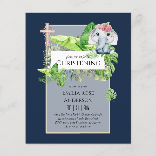 Baby Elephant CHRISTENING Einladung für Mädchenjun Flyer (Vorne)