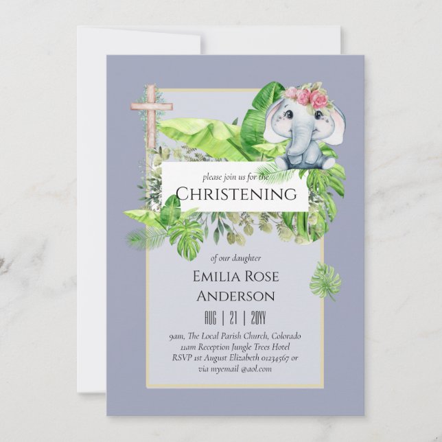 Baby Elephant CHRISTENING Invitation pour les fill (Devant)