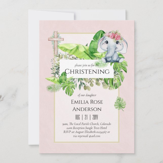 Baby Elephant CHRISTENING Invitation pour les fill (Devant)
