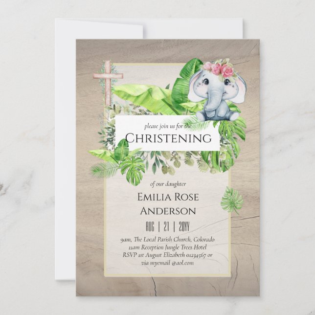 Baby Elephant CHRISTENING Invitation pour les fill (Devant)