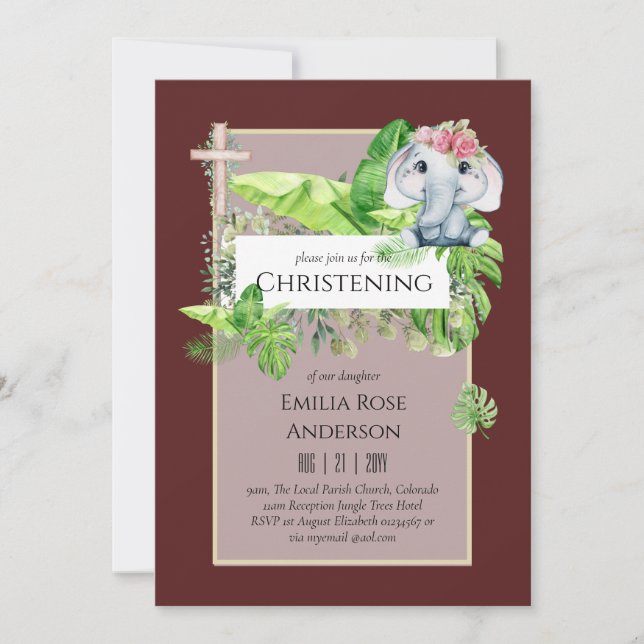 Baby Elephant CHRISTENING Invitation pour les fill (Devant)
