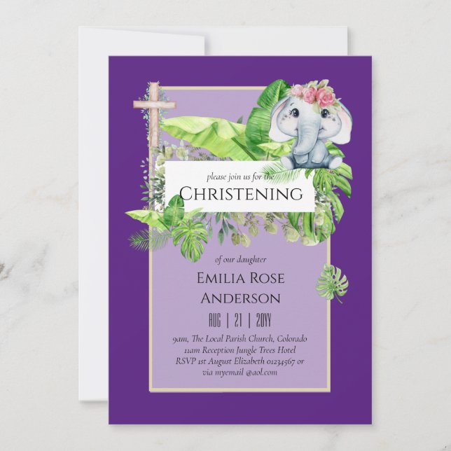 Baby Elephant CHRISTENING Invitation pour les fill (Devant)