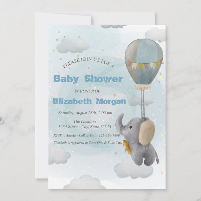 Baby Elephant, Cloud, Stars Babydusche Einladung (Vorderseite)