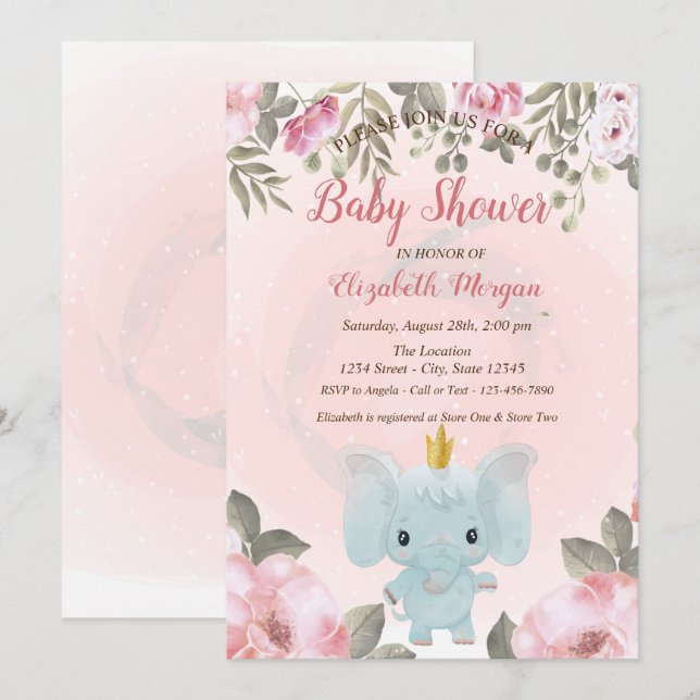 Baby Elephant Crown Floral Baby Dusche Einladung (Vorne/Hinten)