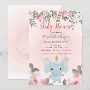 Baby Elephant Crown Floral Baby Dusche Einladung