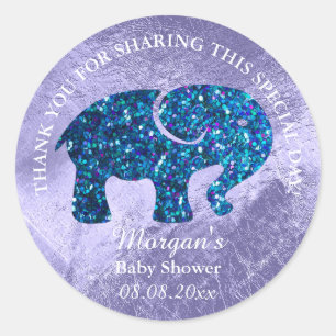 Baby Elephant Dusche Gefallen Danke Blue Glitzer Runder Aufkleber