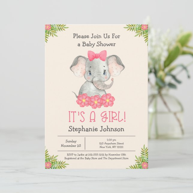 Baby Elephant Es ist ein Mädchen Zoo Theme Babydus Einladung (Stehend Vorderseite)