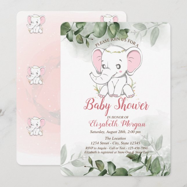 Baby Elephant, Eucalyptus Greenery Baby Shower Einladung (Vorne/Hinten)