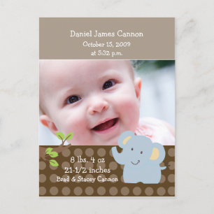 Baby Elephant FOTO Geburtsankündigung Custom Ankündigungspostkarte