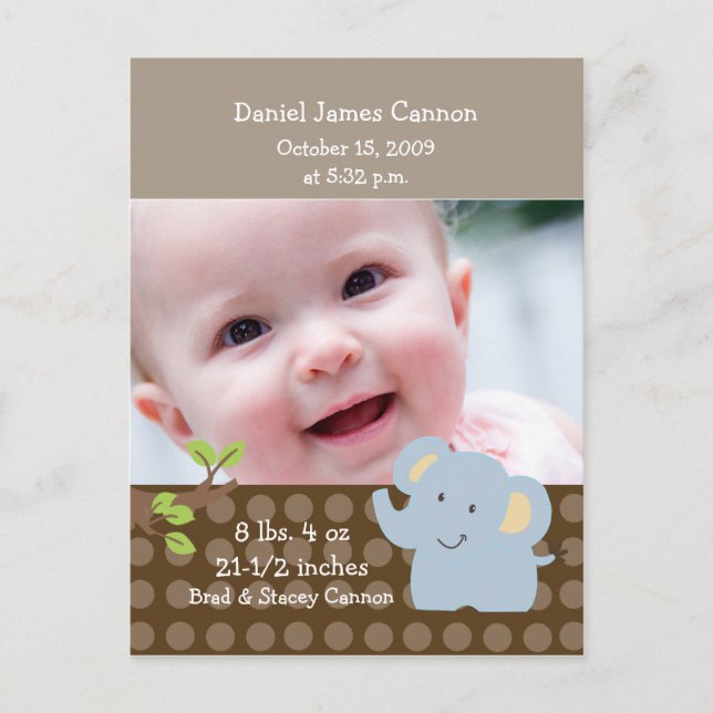 Baby Elephant FOTO Geburtsankündigung Custom Ankündigungspostkarte (Vorderseite)