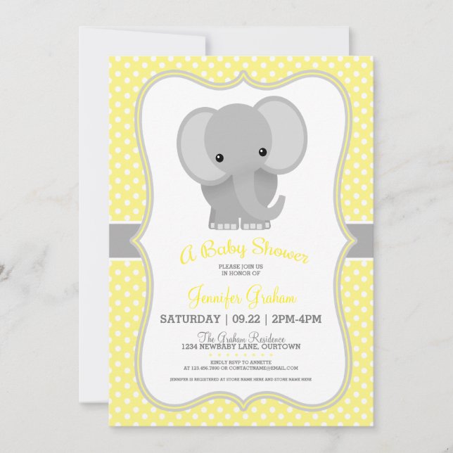 Baby Elephant (gelb) Babydusche Einladung (Vorderseite)
