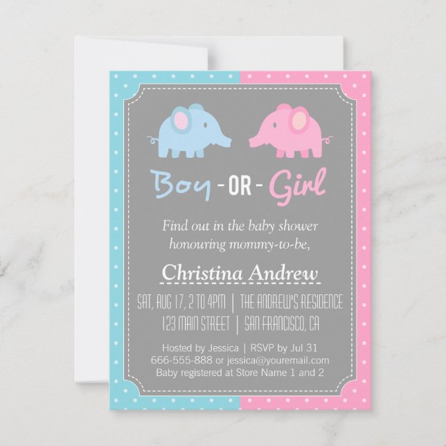 Baby Elephant Gender Reveal Baby Dusche Party Einladung (Vorderseite)