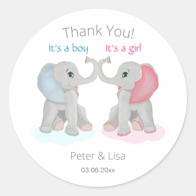Baby Elephant Gender Reveal Danke Runder Aufkleber (Vorderseite)