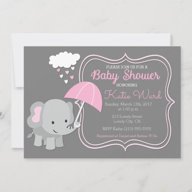 Baby Elephant Girl Baby shower rose Invitation (Devant)