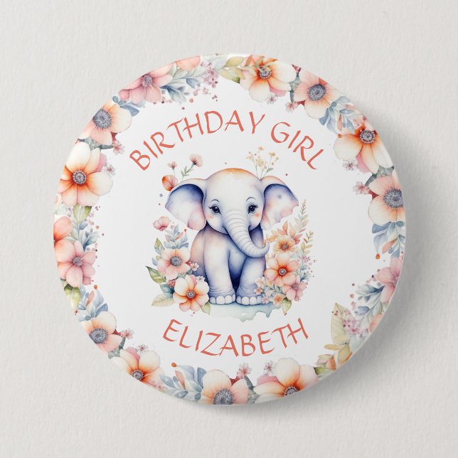 Baby Elephant Girl's Birthday Party Personalisiert Button (Vorderseite)