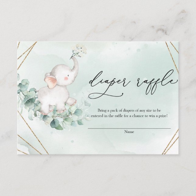 Baby Elephant Green Eucalyptus Gold Diper Raffle Begleitkarte (Vorderseite)