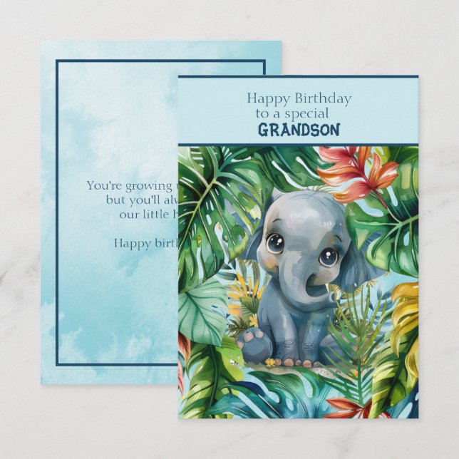 Baby Elephant Happy Birthday Special Grandson Karte (Vorne/Hinten)