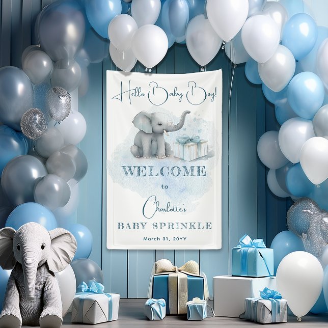 Baby Elephant Hello Baby Blue Baby Sprinkle Banner ("Hello Baby Boy" Baby Elephant Boy Blue Baby Sprinkle or Shower Vertical Banner)