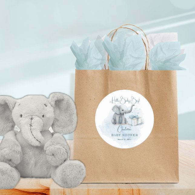 Baby Elephant Hello Baby Boy Blue Baby Dusche Runder Aufkleber (Von Creator hochgeladen)