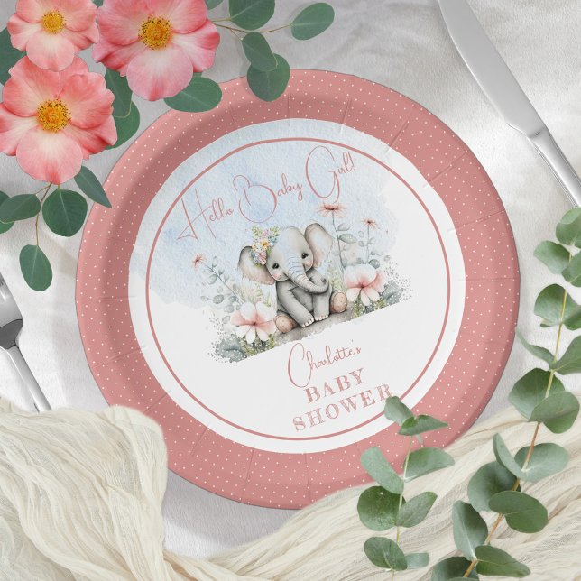 Baby Elephant Hello Baby Girl Floral Baby Shower Pappteller (Von Creator hochgeladen)