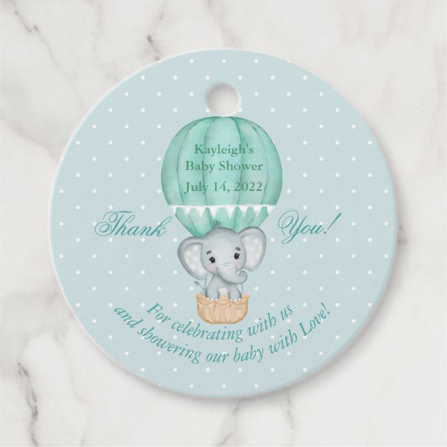 Baby Elephant Hot Air Ballon Babydusche Geschenkanhänger (Vorderseite)