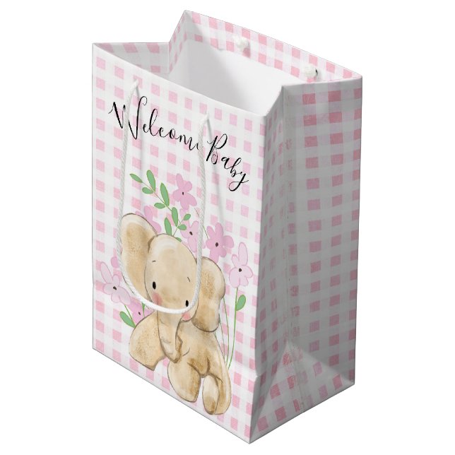 Baby Elephant In Blume auf Gingham Mittlere Geschenktüte (Vorderseite Schrägansicht)