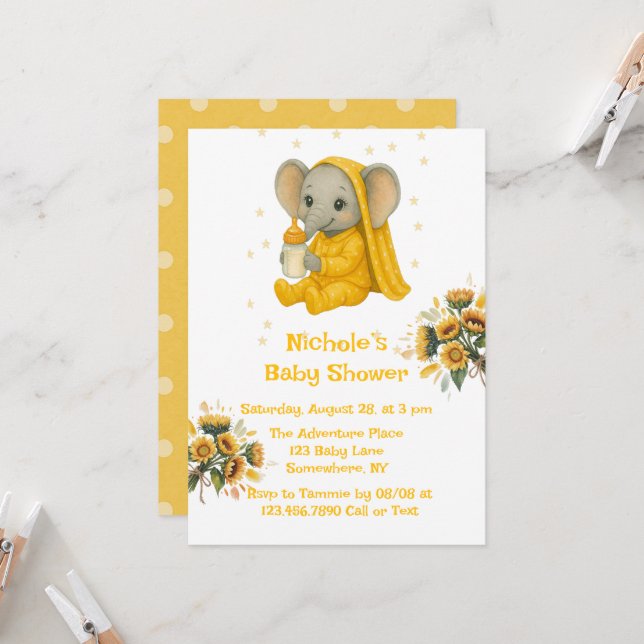 Baby Elephant in Yellow Pajamas Babydusche Einladung (Vorderseite/Rückseite Beispiel)