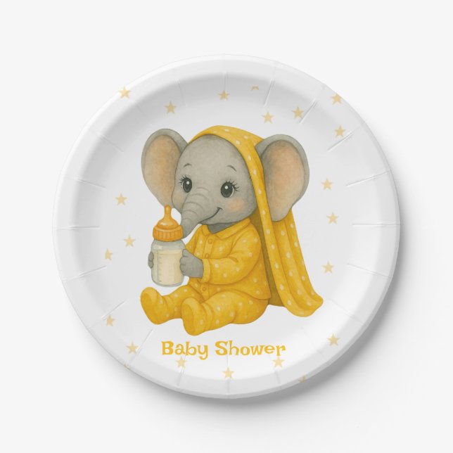 Baby Elephant in Yellow Pajamas Babydusche Pappteller (Vorderseite)