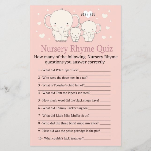 Baby Elephant Kinderzimmer Rhyme Quiz Babydusche (Vorderseite)