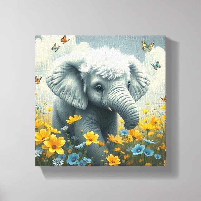 Baby Elephant läuft in Blume Leinwanddruck (Vorderseite)