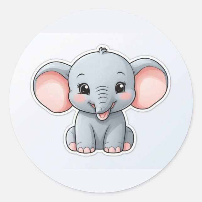 Baby Elephant mit blütigen Wangen, Kawaii Runder Aufkleber (Vorderseite)